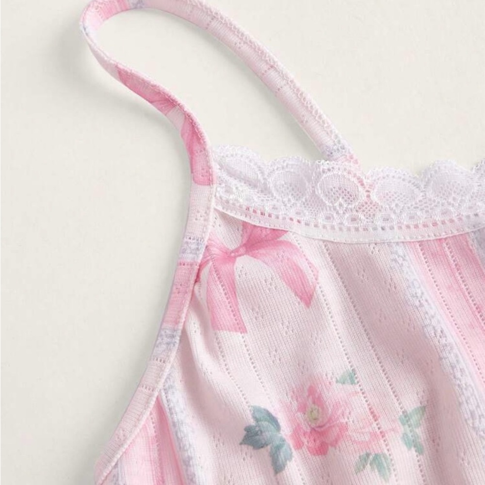 ROMWE Kawaii Bow Print Lettuce Trim PJ Set - Picture 3 of 3